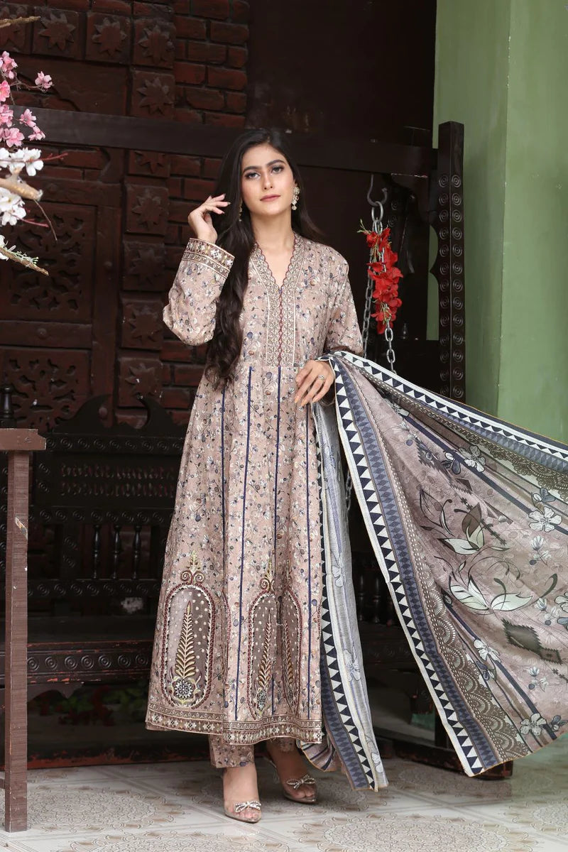 Best Selling - 3Pc Embroidered and Printed Long Maxi